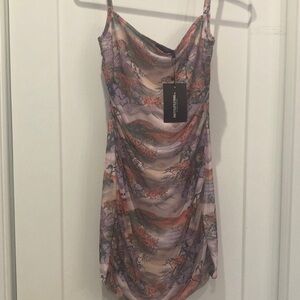 Sleeveless Lavender & Peach Print Cowl Neck Dress